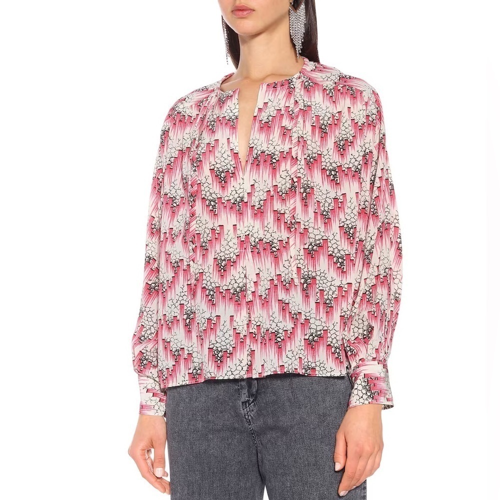 NWOT ISABEL MARANT Amba Printed Silk-Blend Crepe Blouse Pink Tie Neckline 4